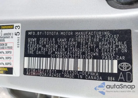 2007 Toyota Corolla Le z USA, uszkodzony, nr VIN 2T1BR32E37C787082